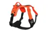 Nærbillede af den orange Non-stop Dogwear Ramble Harness. Billedet viser de justerbare stropper, robuste spænder og refleksdetaljer, der sikrer synlighed og sikkerhed. Håndtaget på ryggen er også tydeligt, hvilket giver ekstra kontrol.