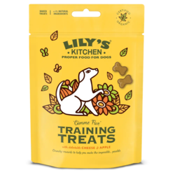 Lily's Kitchen Training Treats i knogleformede kiks, med smag af cheddar og æble. Økologiske og naturlige godbidder til hunde. Hos shopdogsrus.dk