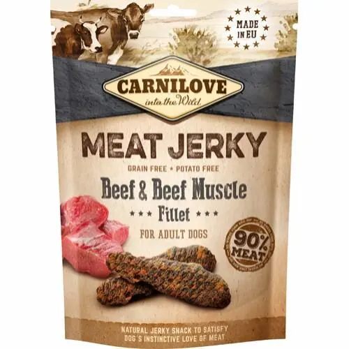 Carnilove meat jerky med oksekød. 90% kød