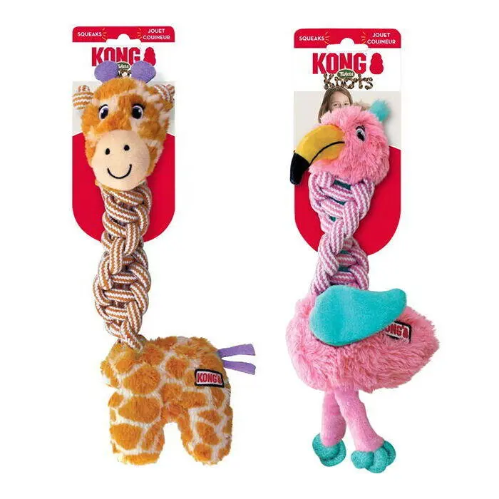 Kong knots twist giraf eller flamingo er en super sjov bamse med plys og reb som din hund vil elske