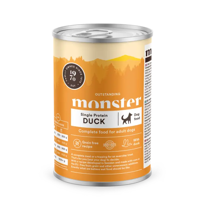 Monster Single Protein Duck Vådfoder med and som eneste proteinkilde. Shopdogsrus.dk