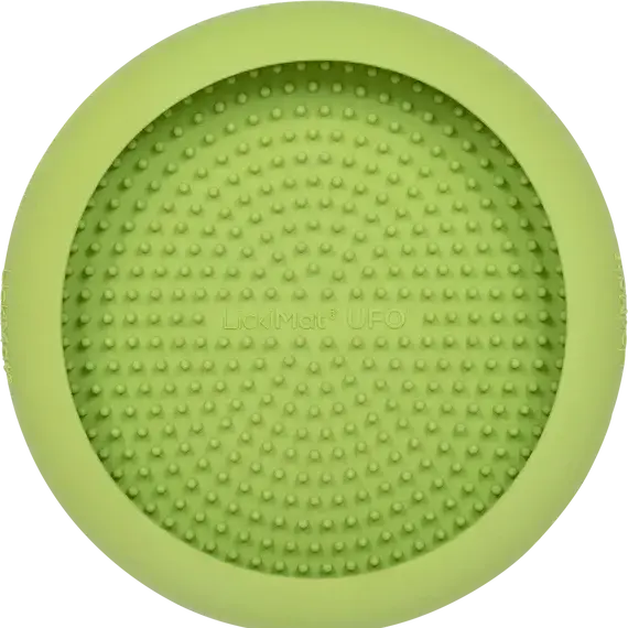 Sidebillede af en grøn LickiMat UFO langsomfoderskål, der viser dens hævede kanter og indvendige tekstur for hundeengagement.