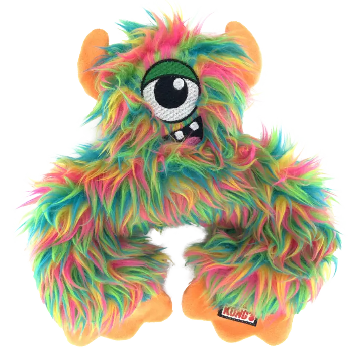 En farverig KONG Frizzle bamse med store orange ører og et grønt øje i midten, tilgængelig på Shopdogsrus.dk. Bamsen har en pels i nuancer af grøn, pink, og blå, med en stor smilende mund og broderede detaljer.