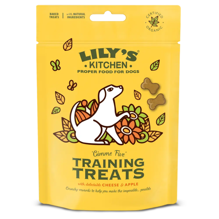 Lily's Kitchen Training Treats i knogleformede kiks, med smag af cheddar og æble. Økologiske og naturlige godbidder til hunde. Hos shopdogsrus.dk