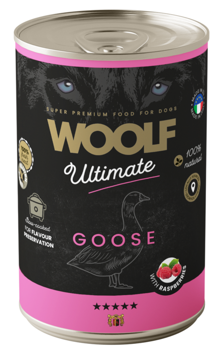 Woolf ultimate vådfoder med gås og hindbær hos shopdogsrus.dk