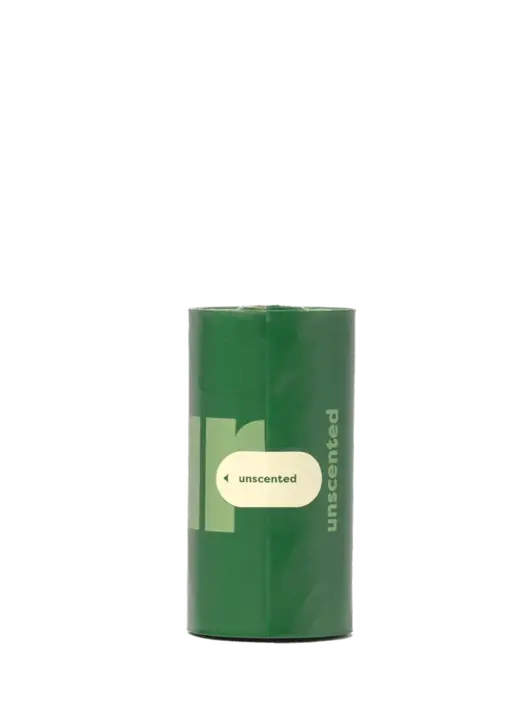 Billede af en enkelt rulle af de uscented affaldsposer pakket i grøn plastik med et klistermærke markeret "unscented"